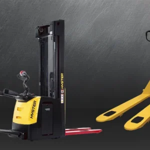 Liză electrică Hyster S1.0-2.0 și transpalet simplu Hyster RP2.0 — stivuire rafturi vs. transport la sol, CEMPS SA